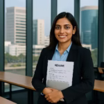 Confident BBA graduate standing in a modern Hyderabad office environment, holding a resume with blurred Cyber Towers and tech buildings in the background – symbolizing job opportunities in Hyderabad for BBA graduates in 2025