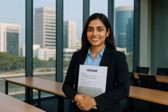 Confident BBA graduate standing in a modern Hyderabad office environment, holding a resume with blurred Cyber Towers and tech buildings in the background – symbolizing job opportunities in Hyderabad for BBA graduates in 2025