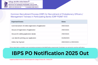 Official IBPS PO 2025 notification PDF banner displaying exam dates, vacancies, and eligibility details