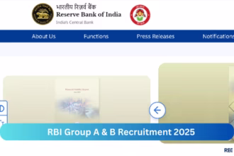 Screenshot of RBI Group A and Group B Recruitment 2025 notification page on Reserve Bank of India official website for Panel Year 2024