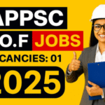 APPSC Inspector of Factories Recruitment 2025 thumbnail showing job vacancy details with bold text and professional woman in safety wear.