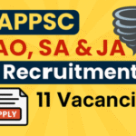 APPSC JAO SA JA Recruitment 2025 thumbnail showing job notification highlights, 11 vacancies, apply now button, and bold APPSC title on bright background.