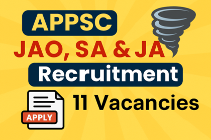 APPSC JAO SA JA Recruitment 2025 thumbnail showing job notification highlights, 11 vacancies, apply now button, and bold APPSC title on bright background.