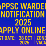 APPSC Warden Recruitment 2025 landscape thumbnail with blue‑purple gradient background, bold yellow text showing apply online, last date 28 Oct 2025, and Zone‑II vacancy