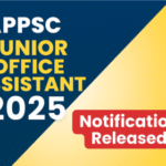 APPSC Junior Office Assistant Recruitment 2025 thumbnail with bold title, blue and yellow background, and red banner showing Notification Released
