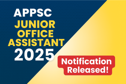 APPSC Junior Office Assistant Recruitment 2025 thumbnail with bold title, blue and yellow background, and red banner showing Notification Released