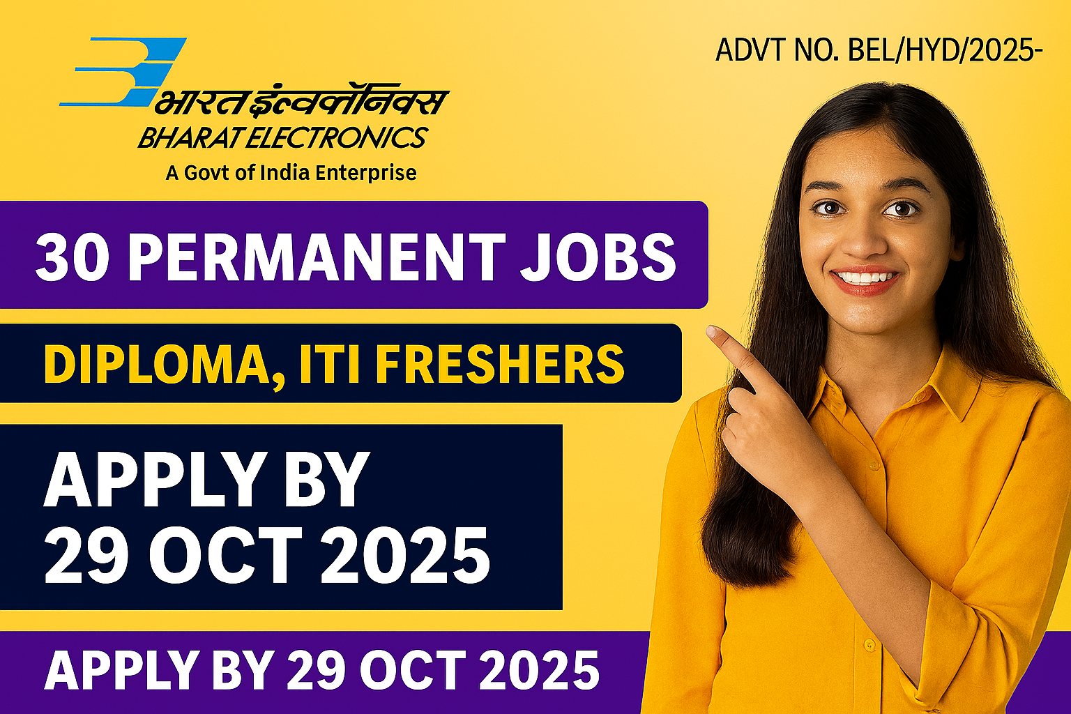 BEL Recruitment 2025 thumbnail showing Bharat Electronics logo, 30 permanent jobs for Diploma and ITI freshers, apply by 29 Oct 2025 with candidate image.