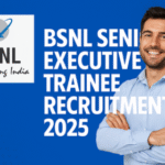 BSNL Senior Executive Trainee Recruitment 2025 thumbnail with BSNL logo, bold title text, and a smiling professional in front of a blue background.