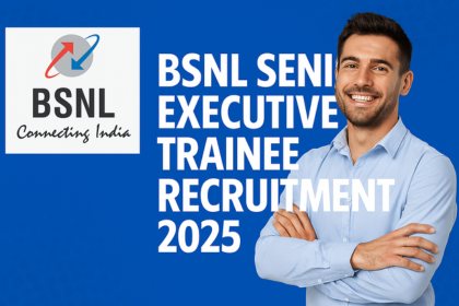 BSNL Senior Executive Trainee Recruitment 2025 thumbnail with BSNL logo, bold title text, and a smiling professional in front of a blue background.
