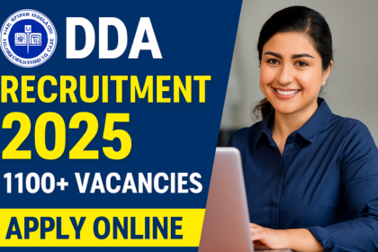 DDA Recruitment 2025 thumbnail showing official logo, apply online notice, and 1100+ vacancies for government jobs in Delhi.