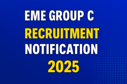 Landscape thumbnail banner for EME Group C Recruitment 2025 notification with bold yellow and white text on a blue background.