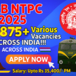 Railway NTPC Recruitment 2025 thumbnail showing 8875+ vacancies, salary up to ₹35,400, and Apply Now button with trains and Indian Railways logo