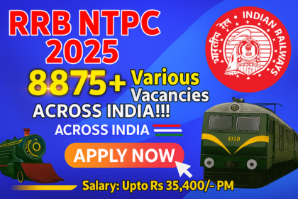 Railway NTPC Recruitment 2025 thumbnail showing 8875+ vacancies, salary up to ₹35,400, and Apply Now button with trains and Indian Railways logo