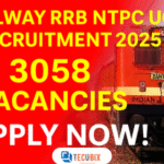 Railway RRB NTPC UG Recruitment 2025 thumbnail showing bold text with 3058 vacancies and an Indian Railways train image on a red background.