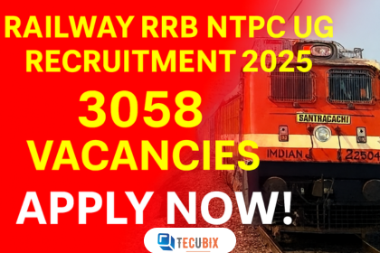 Railway RRB NTPC UG Recruitment 2025 thumbnail showing bold text with 3058 vacancies and an Indian Railways train image on a red background.