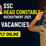 Delhi Police officer saluting with SSC logo and Indian flag in background, promoting SSC Head Constable Recruitment 2025 with 509 vacancies and apply online button.