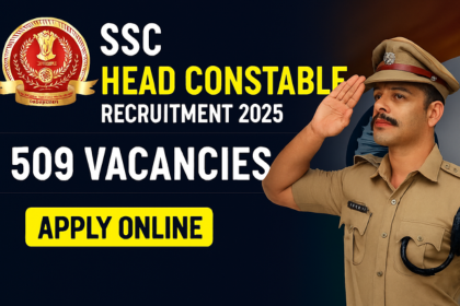Delhi Police officer saluting with SSC logo and Indian flag in background, promoting SSC Head Constable Recruitment 2025 with 509 vacancies and apply online button.