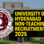 University of Hyderabad Non Teaching Recruitment 2025 thumbnail showing full university logo on the left and bold yellow recruitment text over campus background.