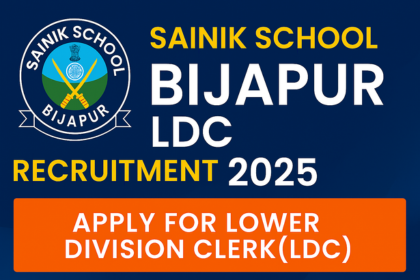 Sainik School Bijapur LDC Recruitment 2025 banner with school emblem, bold text, and apply now call‑to‑action on a blue background.